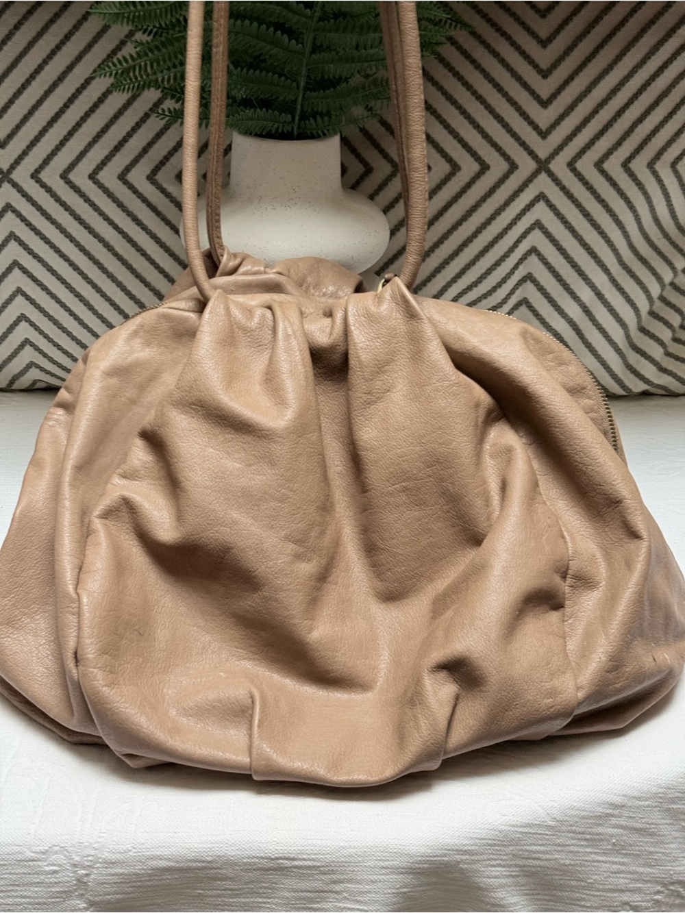 HOBO Soft Taupe Leather Drawstring Hobo Bag